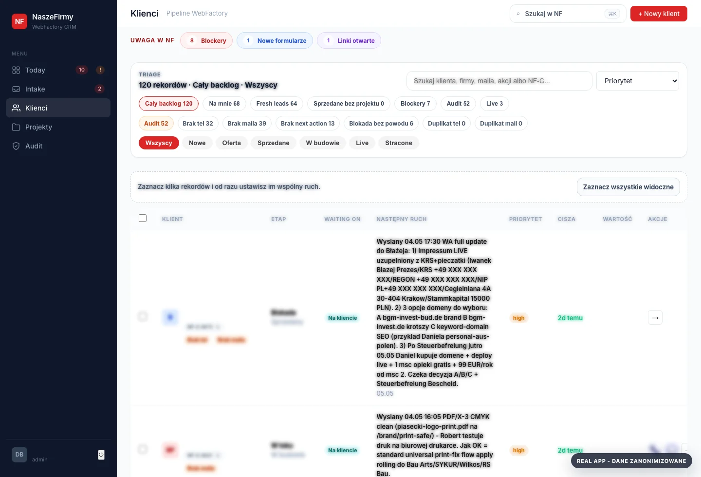 Zanonimizowany screenshot NF App - klienci i projekty WebFactory
