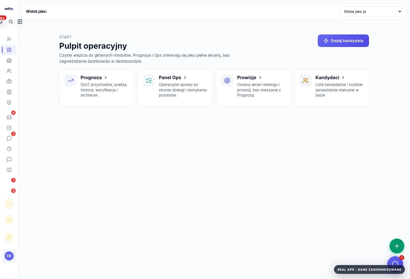 Zanonimizowany screenshot SD App - cockpit pracy i follow-upów