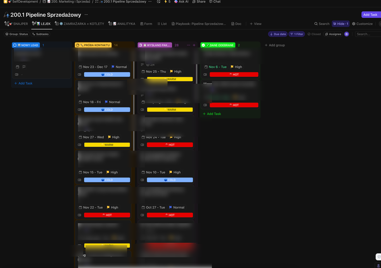 Kanban board HOT/WARM/COLD